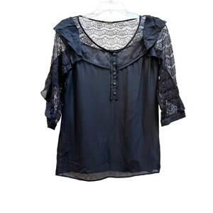 Rebecca Minkoff Black Silk Lace 3/4 Sleeve Henley Blouse Size 4